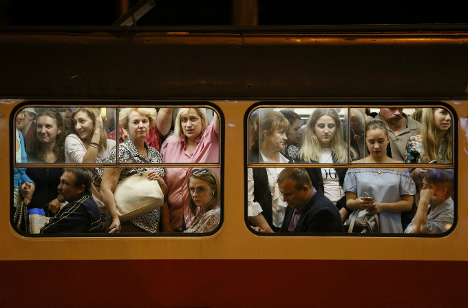 Passengers on a tram in Kiev, Ukraine.
